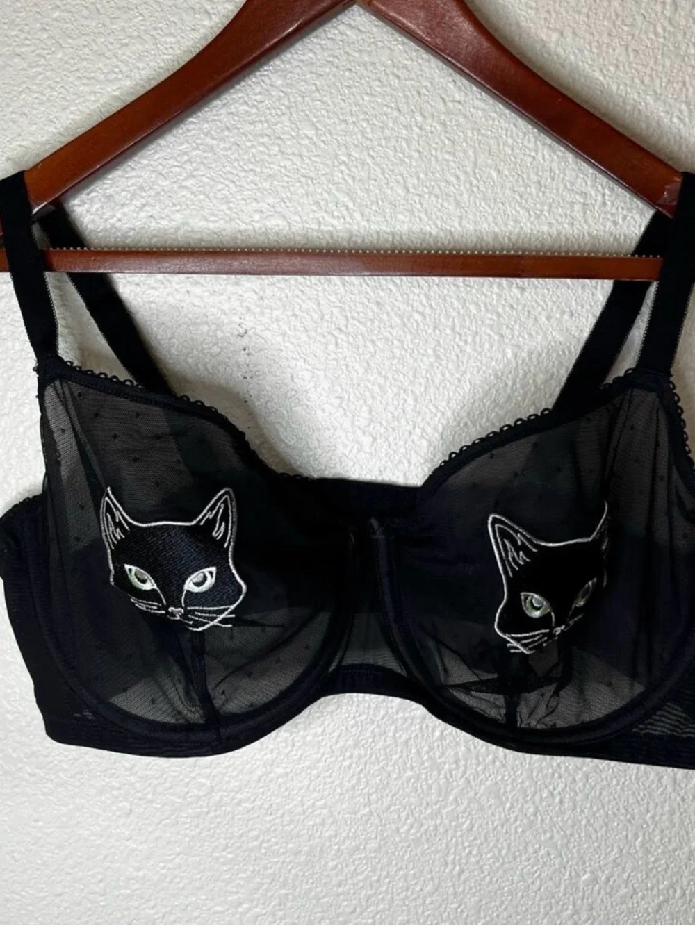 Torrid black cat appliqué mesh unlined Balconette bra 42D
